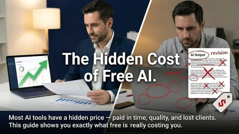 Solopreneur comparing polished AI output versus costly generic free prompts on split screen 