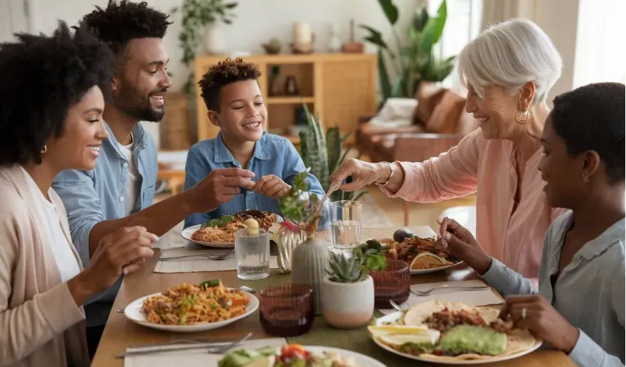 Family enjoying a meal with mycoprotein dishes, including stir-fry, tacos, and salads.