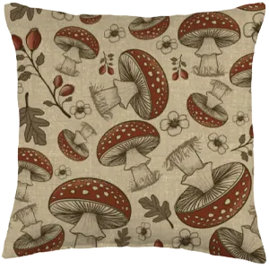 throw pillow with tossed woodland mushrooms