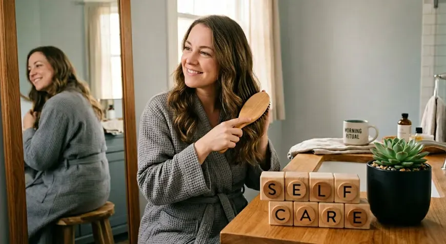 A calm morning routine scene showing someone brushing their hair with a calm, satisfied smile on their face. On the table or countertop, there are wooden blocks arranged on a table to spell “SELF CARE,” 