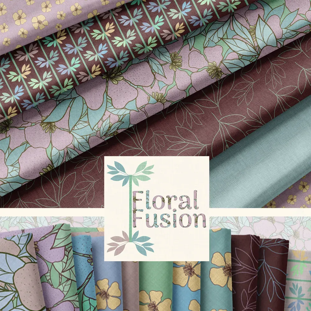 Floral Fusion surface pattern collection featuring modern florals, leafy botanicals, and coordinating prints in soft lavender, aqua, blue, and rich earthy tones by Brayberry Design.