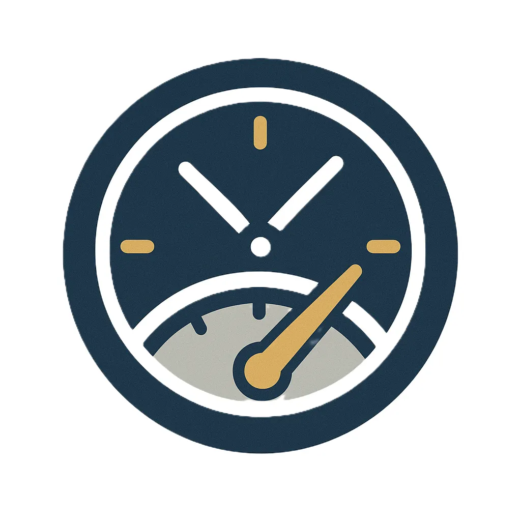 Flat icon combining a clock and speedometer with navy blue, gray, and gold colors, symbolizing quick and precise turnaround time.