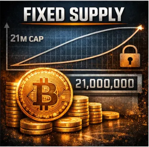 Illustration of Bitcoin’s fixed supply mechanics: a capped issuance curve approaching 21 million, a digital counter locked at 21,000,000, and a vault securing Bitcoin coins — symbolizing mathematical scarcity and predictable issuance.
