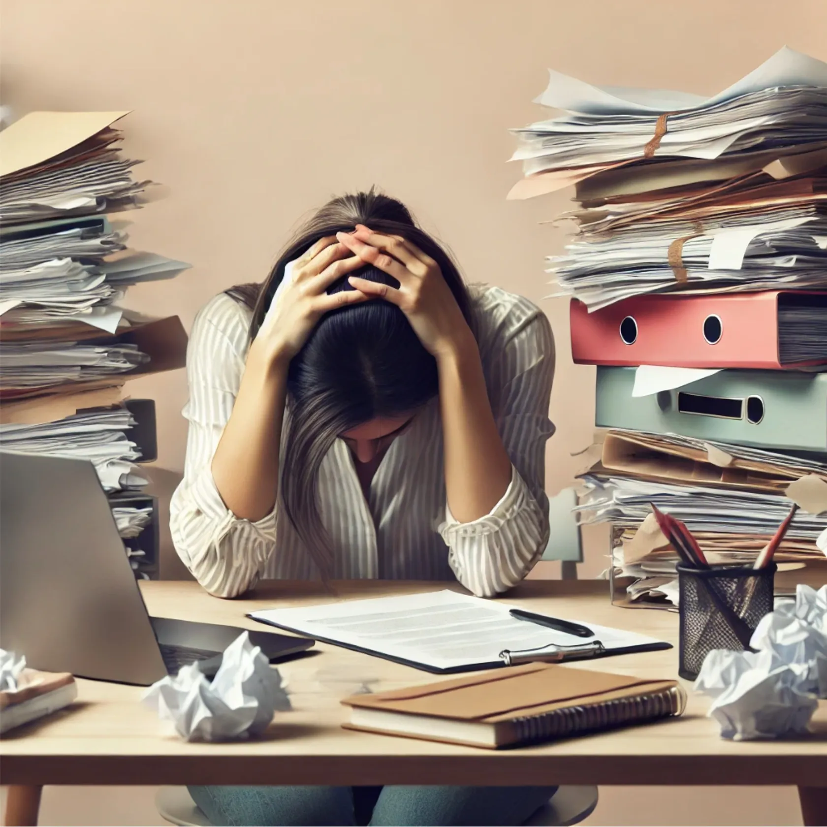 A stressed person holding their head at a cluttered desk, representing the struggle of trying to control everything in life and business.