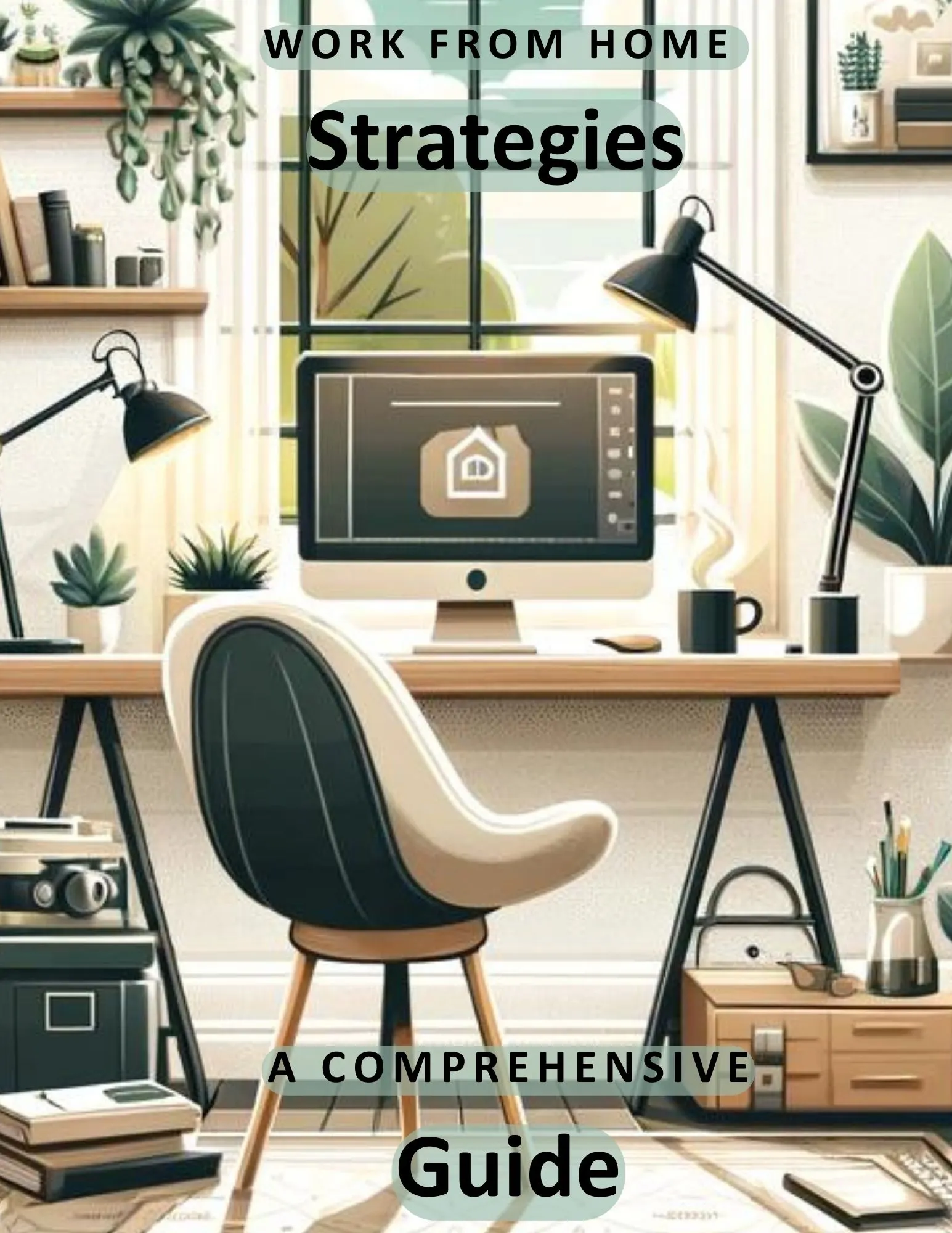 Ebook cover featuring a stylish home office setup with plants and computer, titled 'Work From Home Strategies - A Comprehensive Guide'.