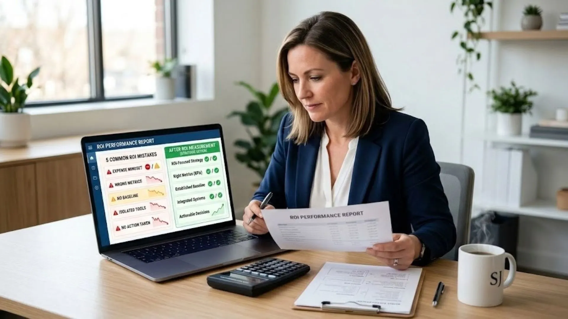 Business owner reviewing five ai implementation mistakes on ROI dashboard before and after comparison 