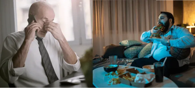 a split image of a stressed out man in his office on one side and an obese man sitting on the couch watching TV while eating junk food on the other side.