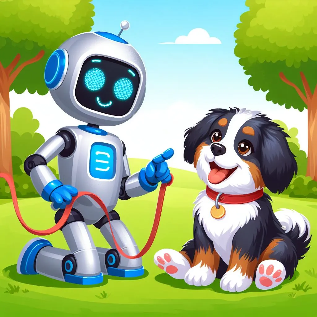 AI robot training Bernese puppy in the park