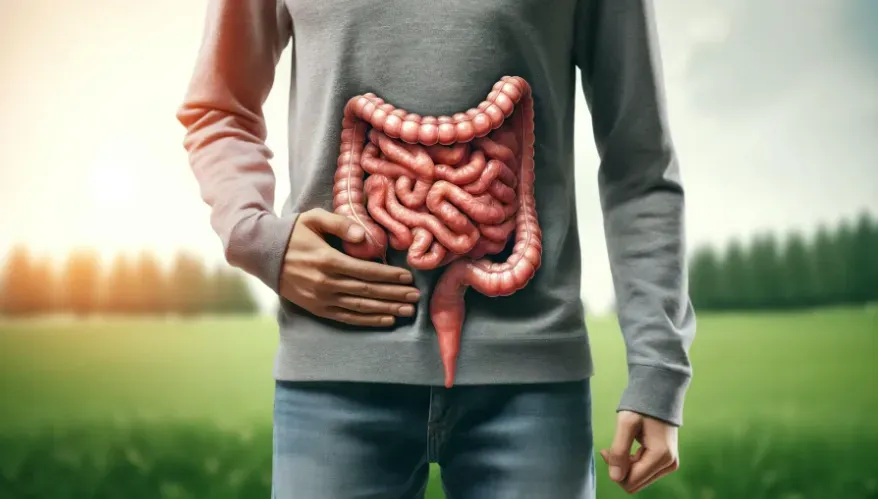 Man with a transparent overlay of his intestines.