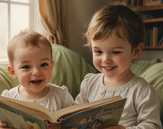 happy children reading a book