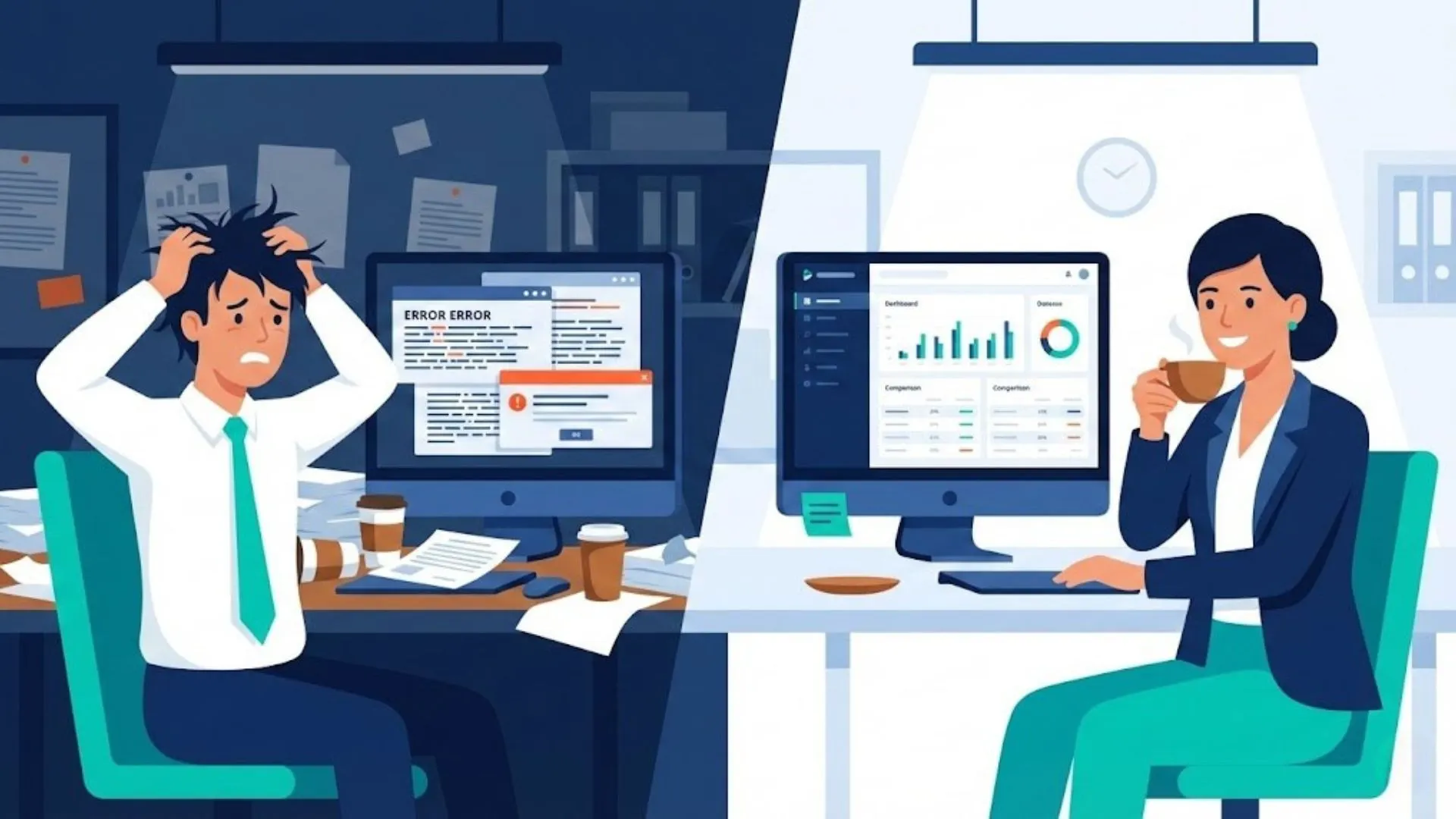 A split screen showing a stressed consultant using generic AI versus a calm consultant using an expert AI prompts comparison chart.