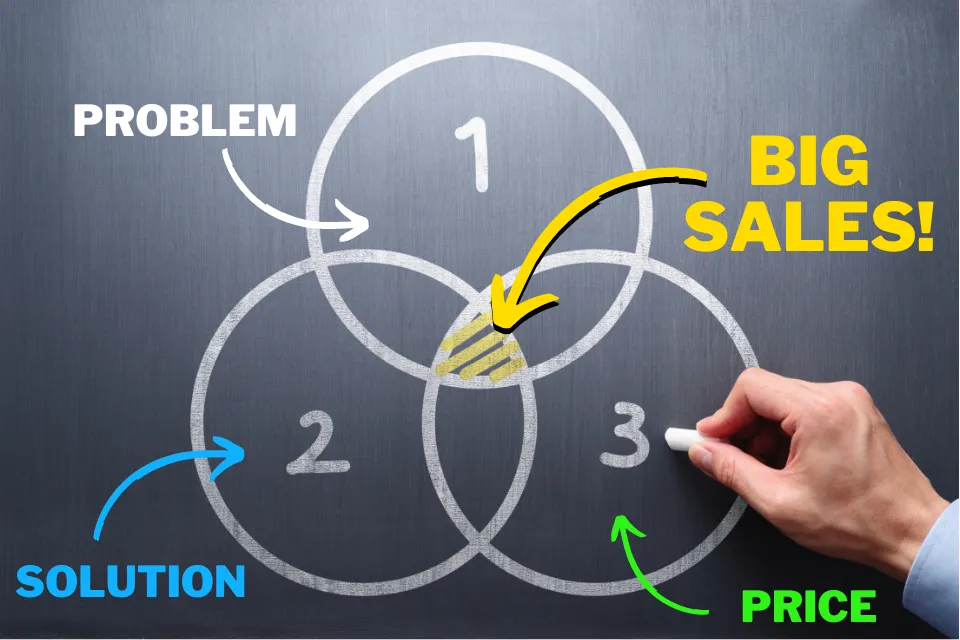 Venn DIagram image of problem, solution and price with the intersect being labelled Big Sales