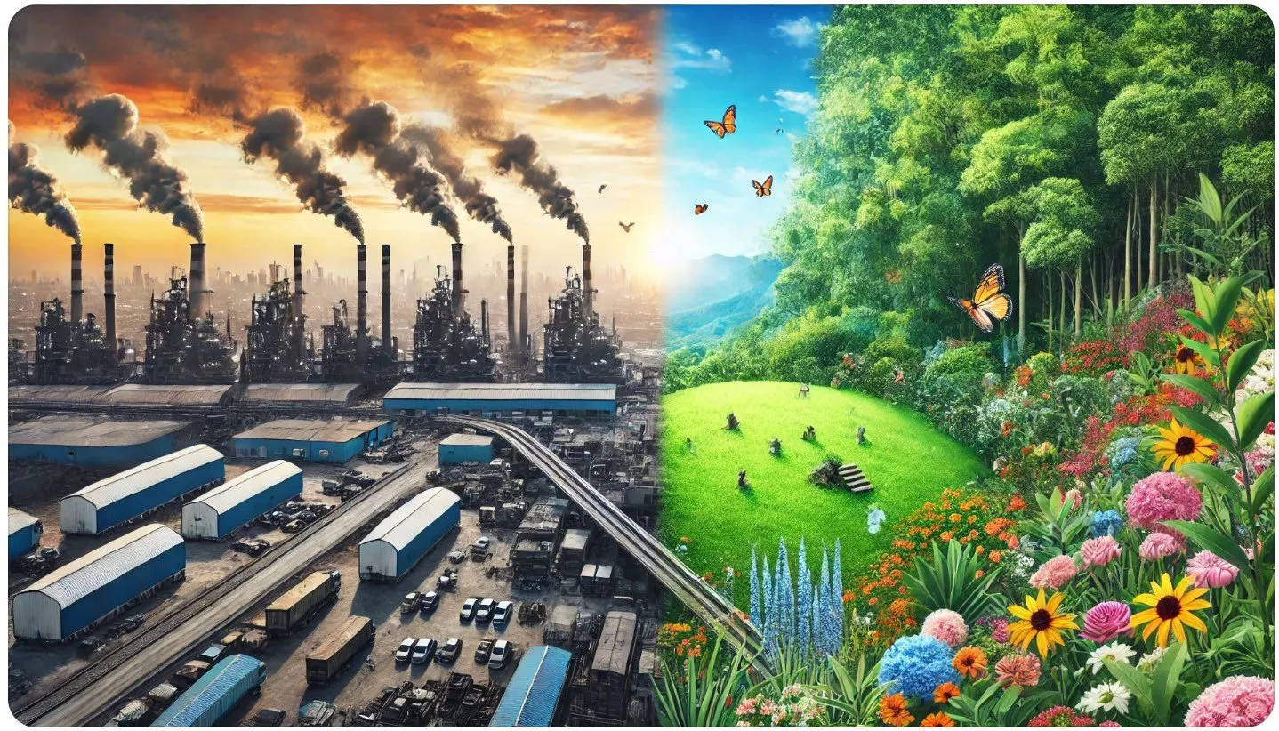 A split image contrasting a polluted industrial landscape with smoke-emitting factories and barren land on one side, and a vibrant natural environment with lush greenery, trees, and a clear blue sky on the other, illustrating the impacts of competition over resources.