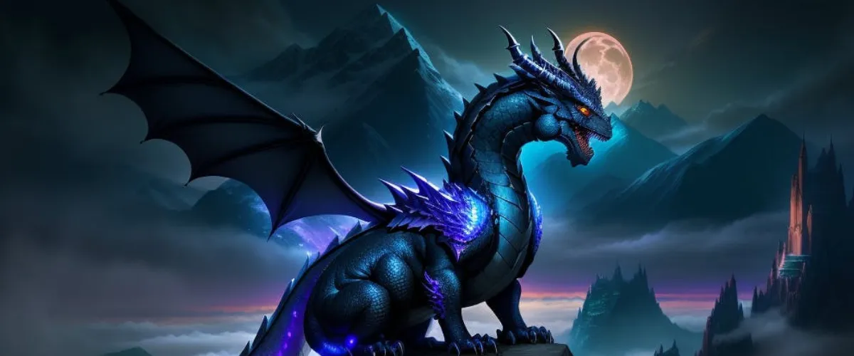 Black dragon at moonlight, mountains