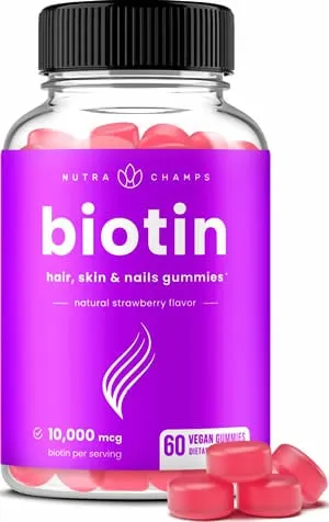 NutraChamps Biotin Gummies 10000mcg [High Potency] for Healthy Hair, Skin & Nails Vitamins for Women, Men & Kids - 5000mcg in Each Hair Vitamins