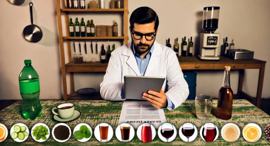 A person in a lab coat sitting at a table in a rustic looking lab, reading a scientific article or meta-analysis on a tablet. The view is looking at the person directly, and they are surrounded by beverage options like green tea, coffee, soda, wine, and smoothies.