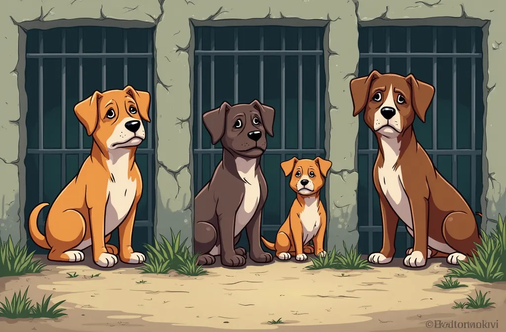 Four sad-looking dogs of different sizes and colors sitting outside kennels with barred doors, in a cartoon-style shelter environment. Ask ChatGPT