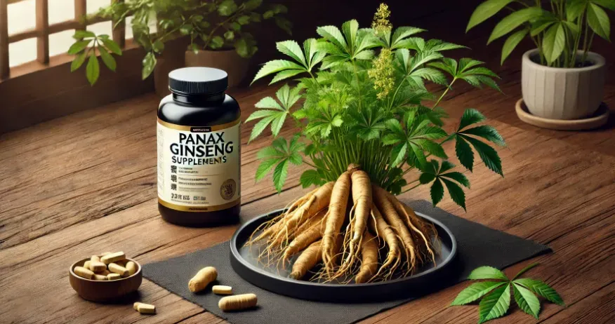 Ginseng root and plant next to a bottle of panax ginseng supplement bottle on a wooden table.