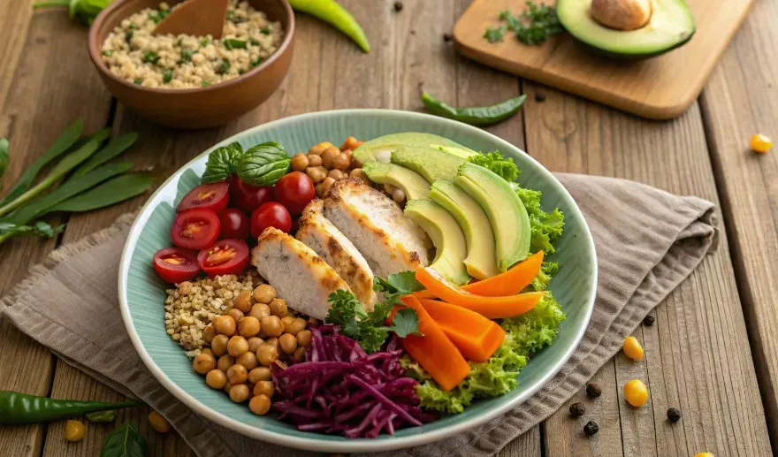 Plate of colorful, protein-rich and fiber-rich foods