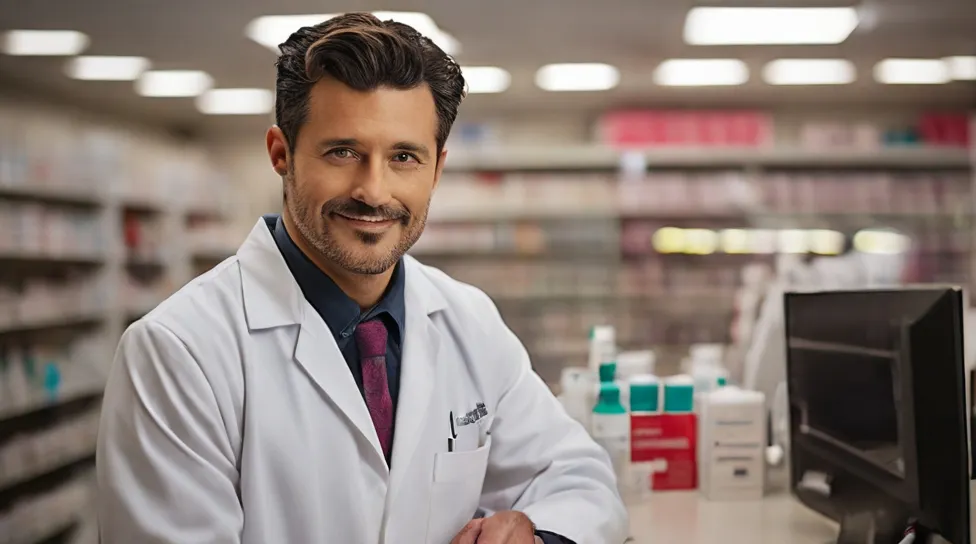 pharmaist salary male pharmaist standing in front of medicine.