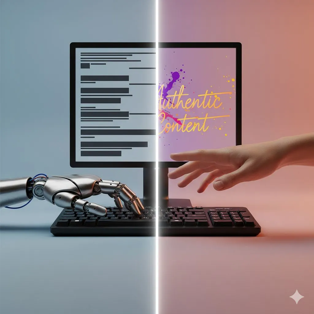 A graphic showing a human hand guiding a robot hand to use an AI content writer to create authentic, human-sounding content.