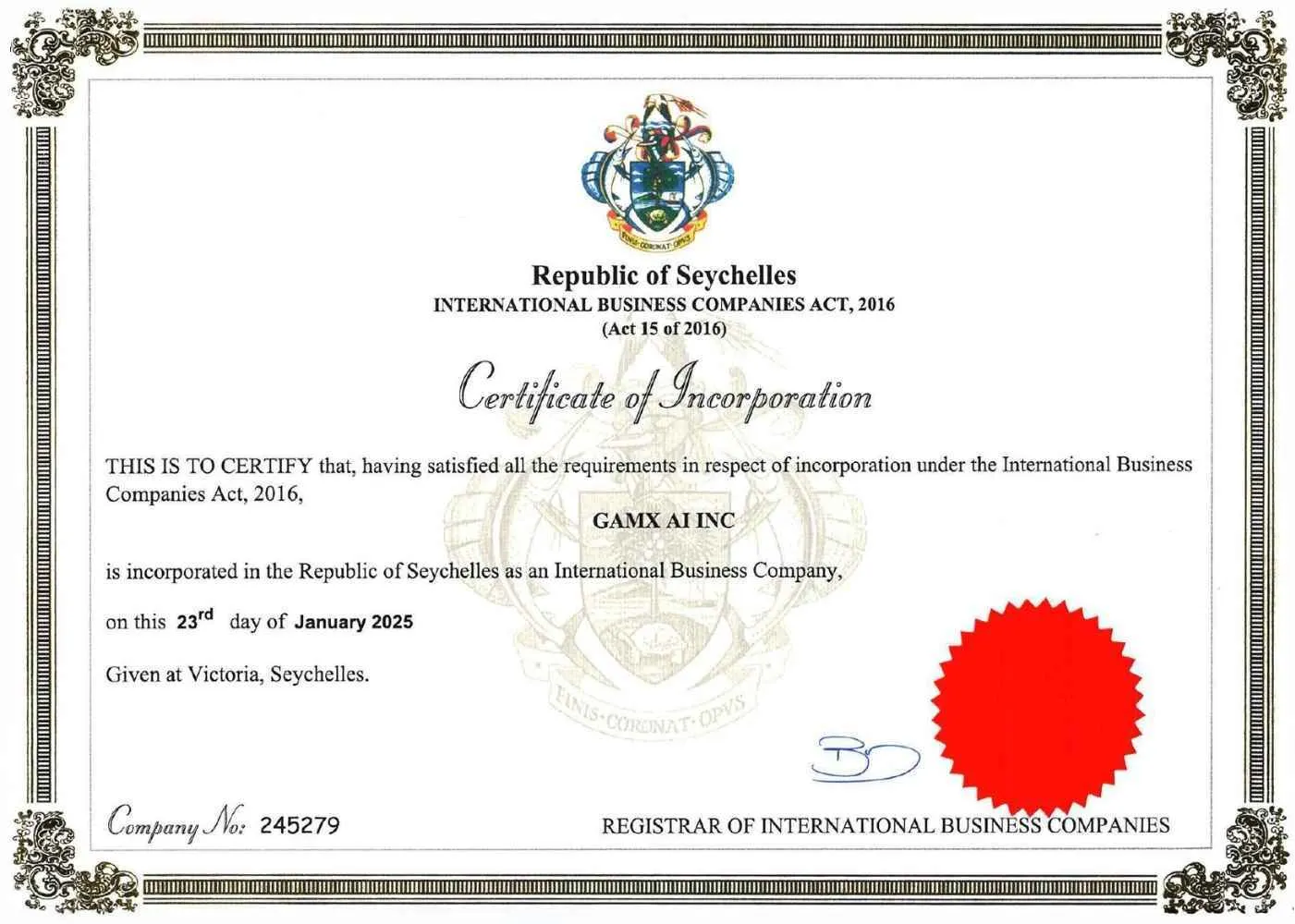 GAMX AI Certificate of Incorporation