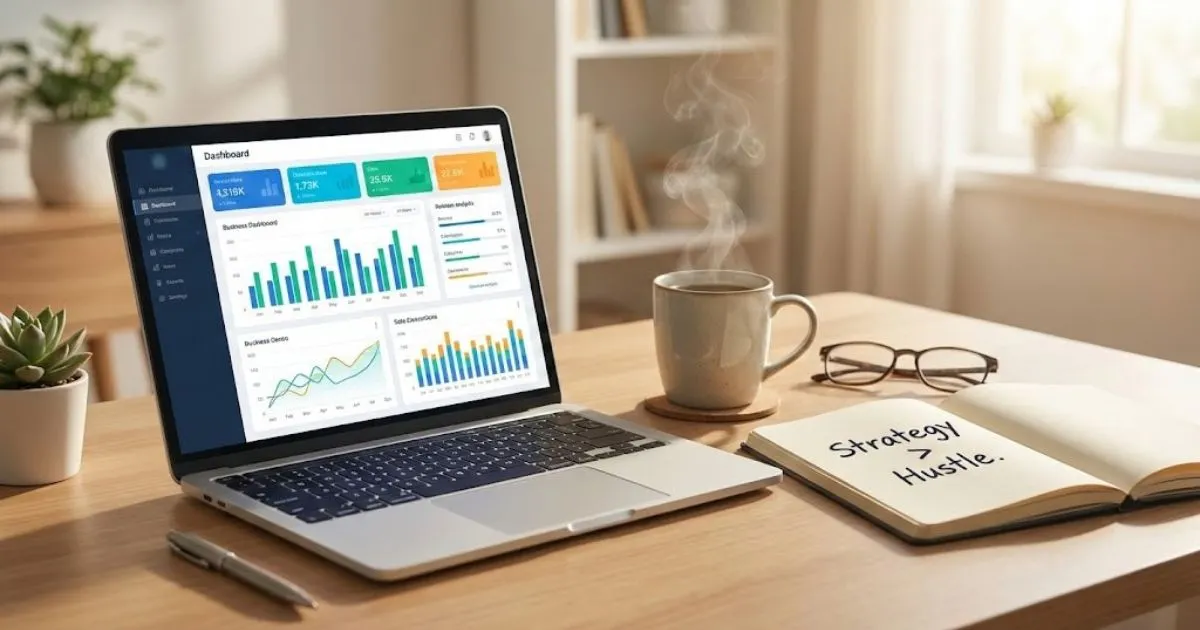 Laptop displaying an AI business dashboard on a tidy desk.