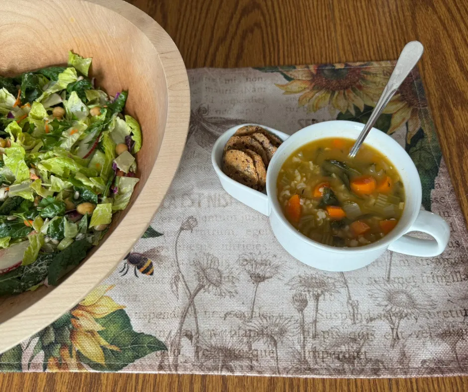 Lemon Herb Chickpea Crunch Bowl served with a light Lemony Rice Soup for an easy plant-based lunch.