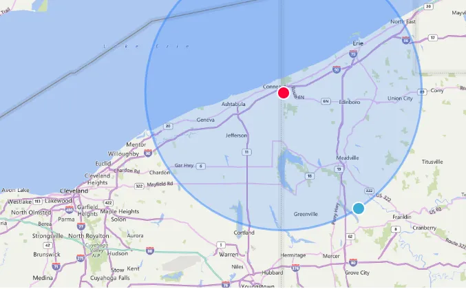 Map Radius 40 Miles from Conneaut, OH