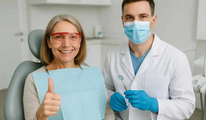 a healthy middle aged woman sitting in a dental chair, smiling and giving a thumbs-up gesture. Her teeth and gums look healthy.