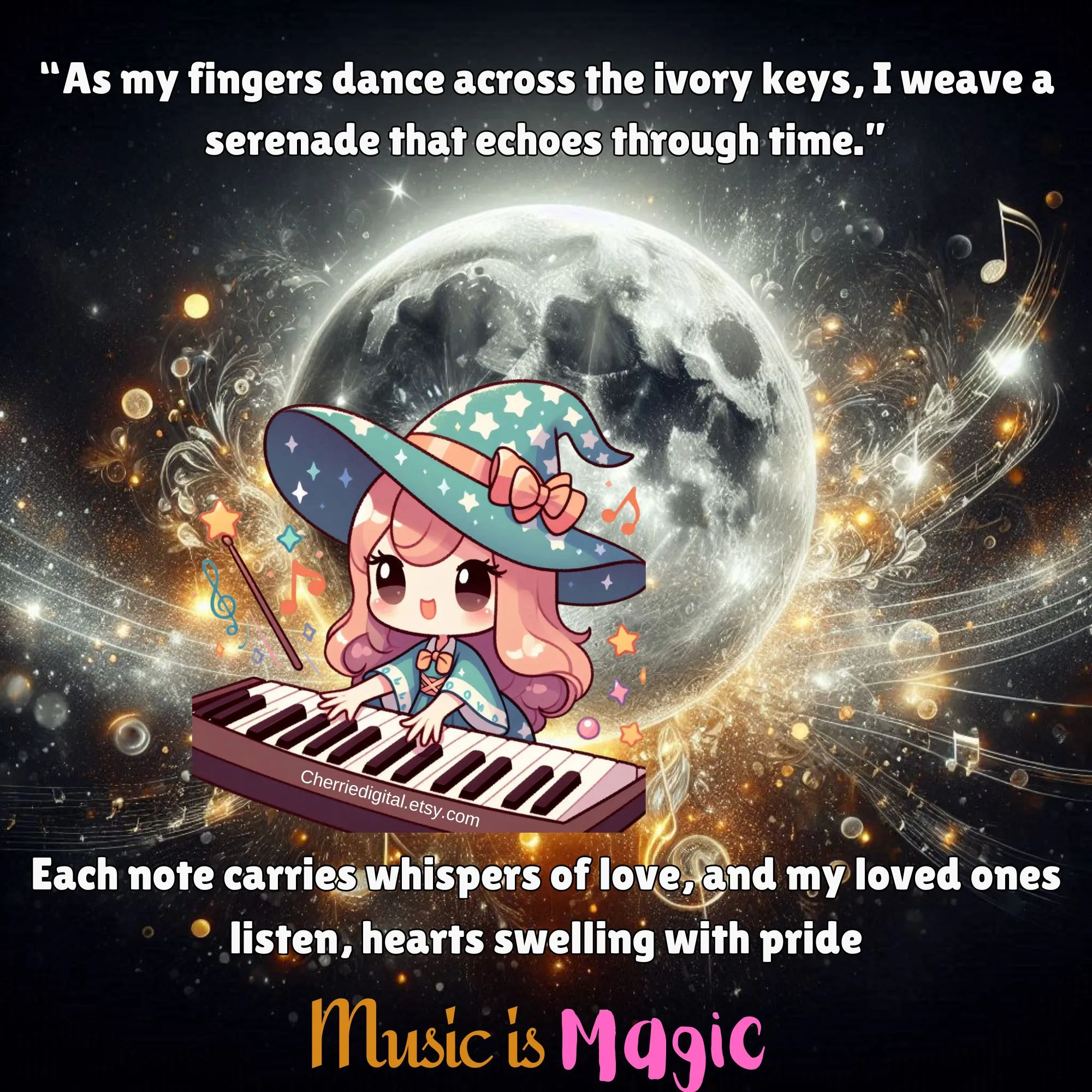 Motivational piano quote witch and musical magic