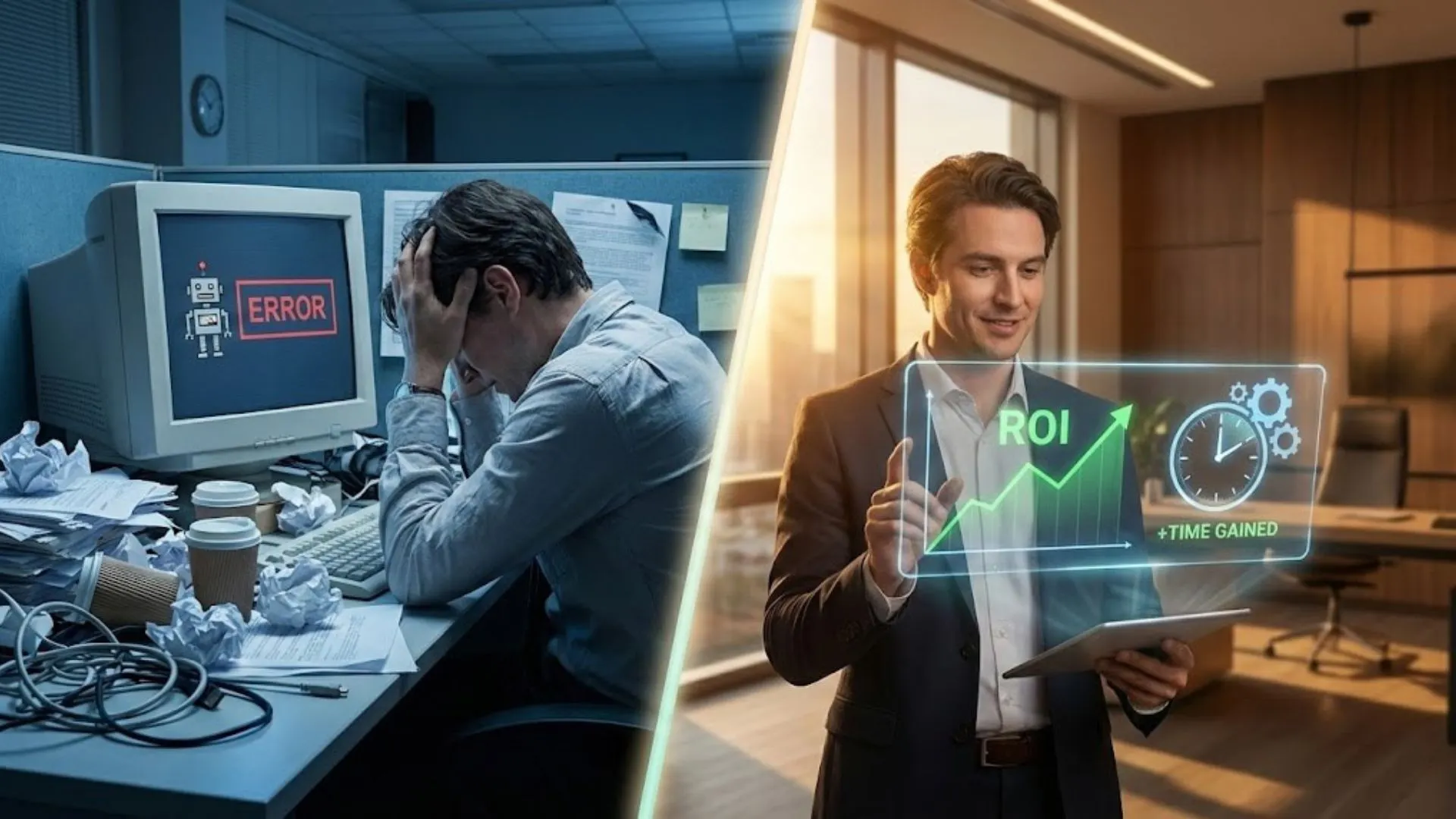 Comparison of a stressed business owner vs a productive strategist using AI prompts.