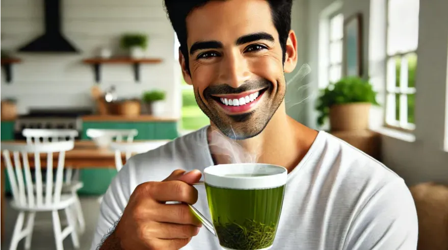 A close-up of a latino man with a big white smile holding a steaming cup of freshly brewed green tea in a peaceful breakfast nook, symbolizing natural ingredients.