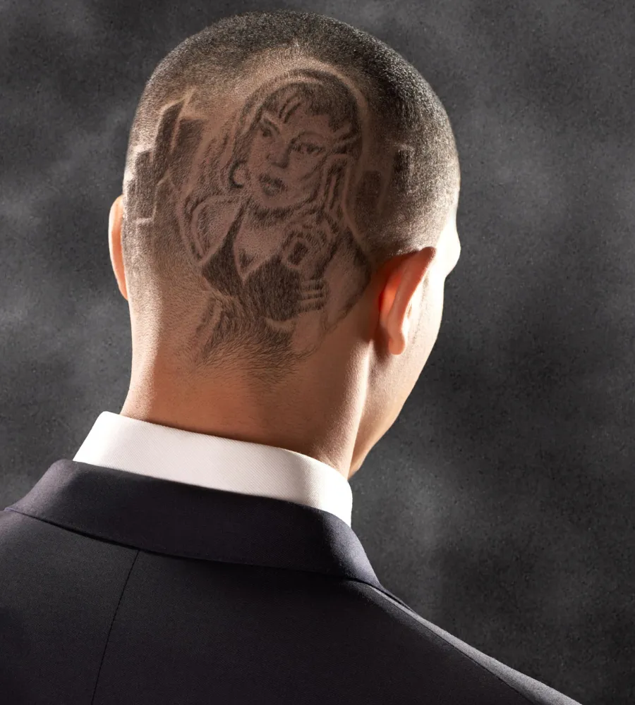 Hair pattern in the back of a man's head girl with a gun 