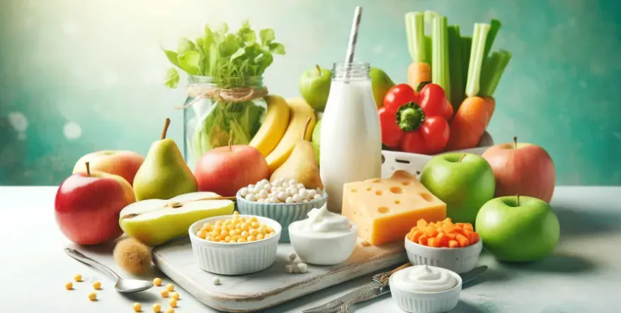vibrant and appealing image showcasing tooth-friendly foods, including dairy products, high-fiber fruits, and vegetables.