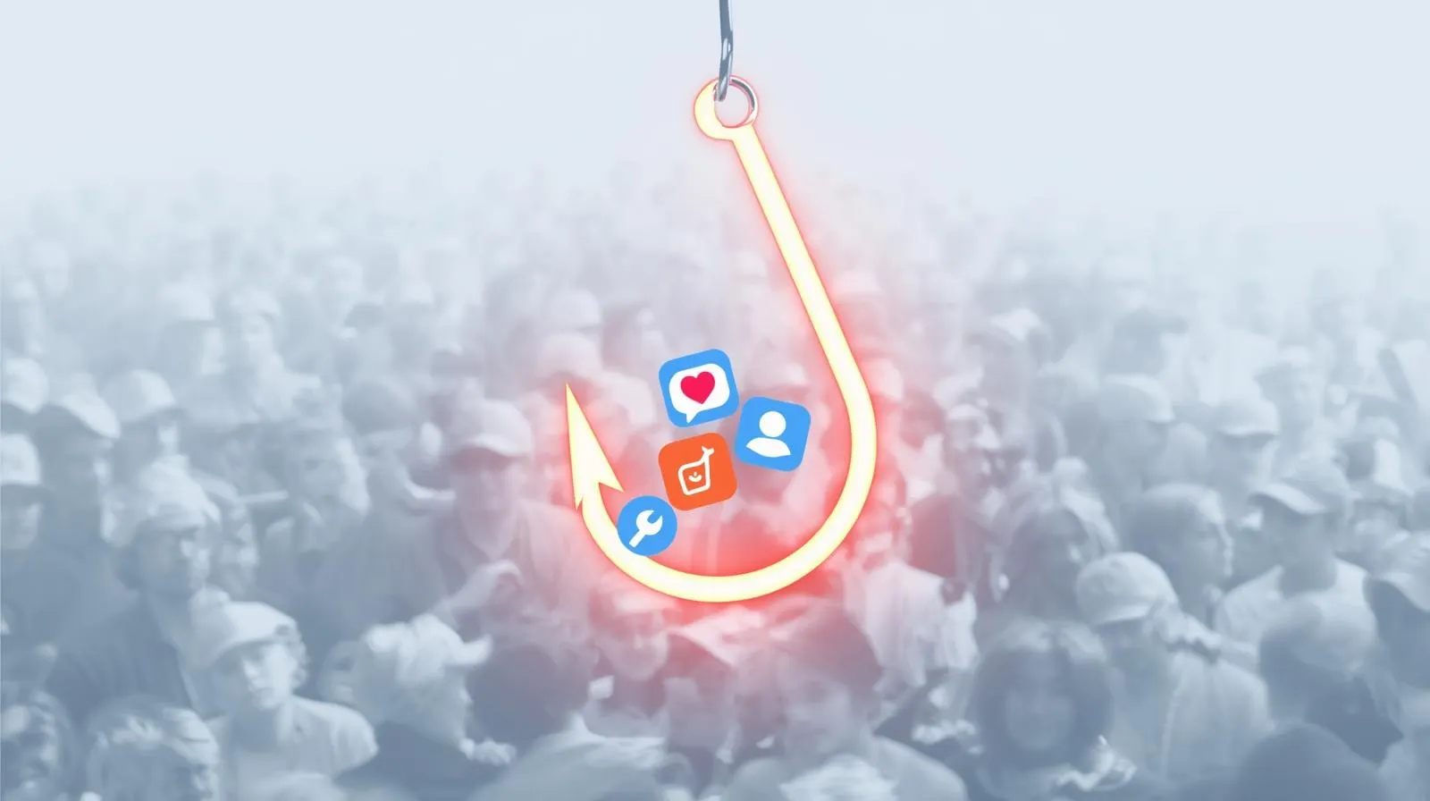 A graphic of a hook catching social media engagement icons, symbolizing the use of AI prompts for viral posts.