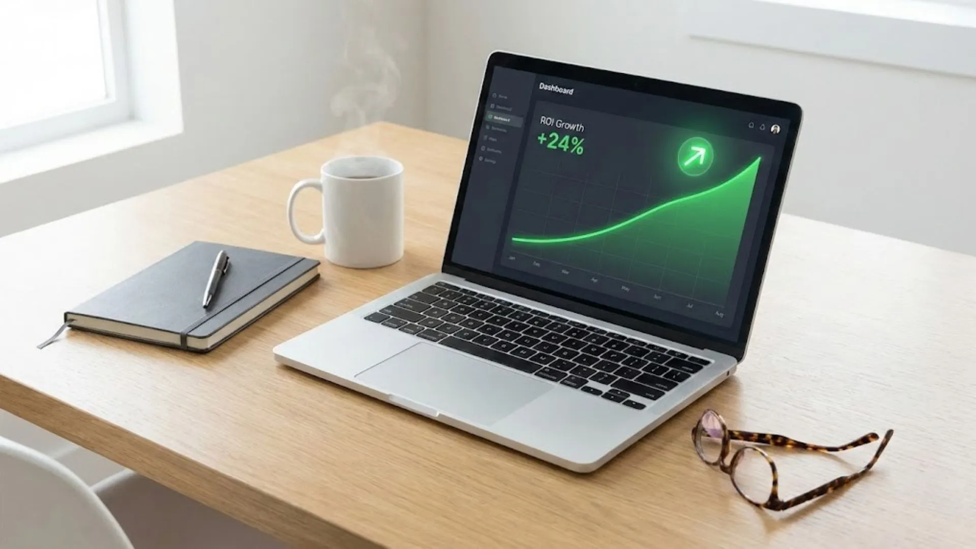 Laptop screen showing a positive ROI graph on a clean, organized modern desk.