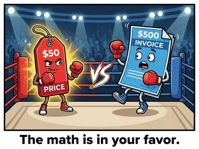 Visual comparison of a $50 prompt pack versus $500 in billable hours.