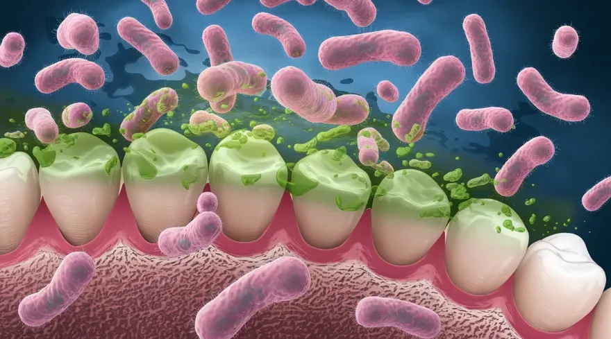 Artistic representation of Streptococcus mutans interacting with tooth enamel.