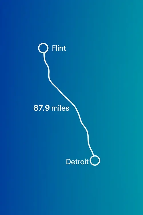 “Minimal map graphic showing the route from Flint to Detroit with an 87.9‑mile indicator.