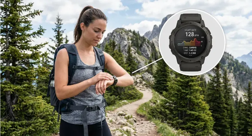 Woman looking at her Smartwatch heart rate tracking while on a mountain trail.