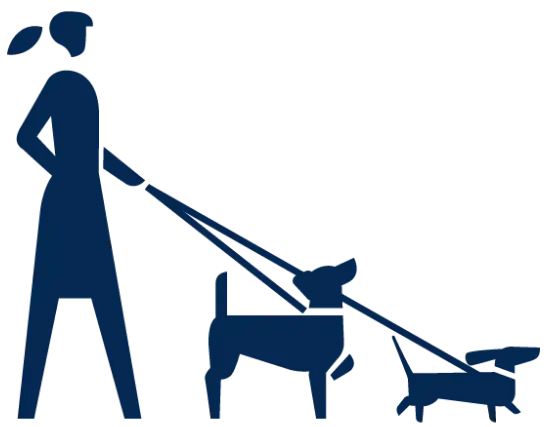 Navy blue silhouette of a woman walking two dogs, used as an icon for dog walking in KC