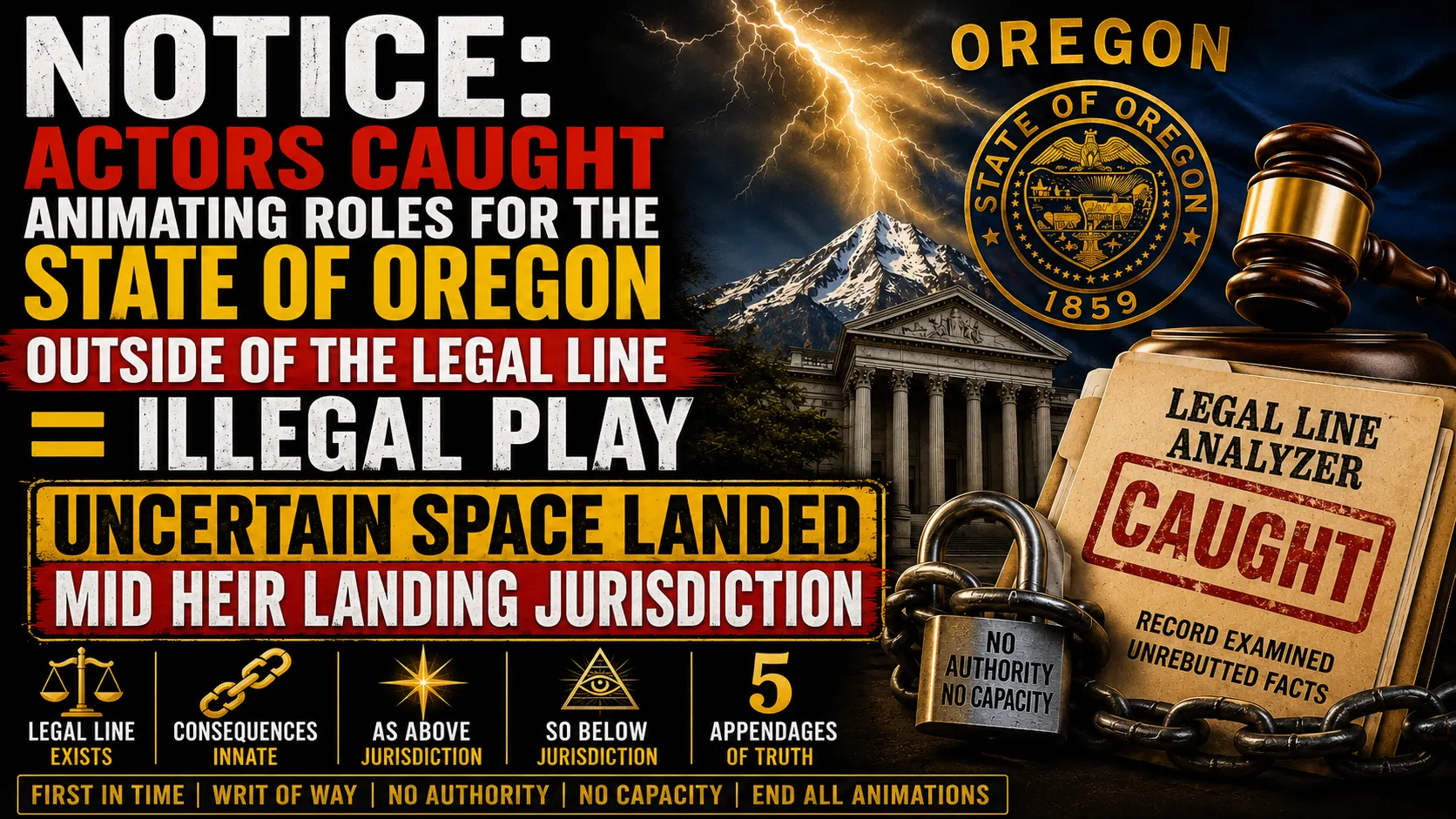a dramatic thumbnail showing a public notice to men and women animating the state of oregon; outside of the legal line equals illegal play; with courthouse and legal line analyzer imagery.