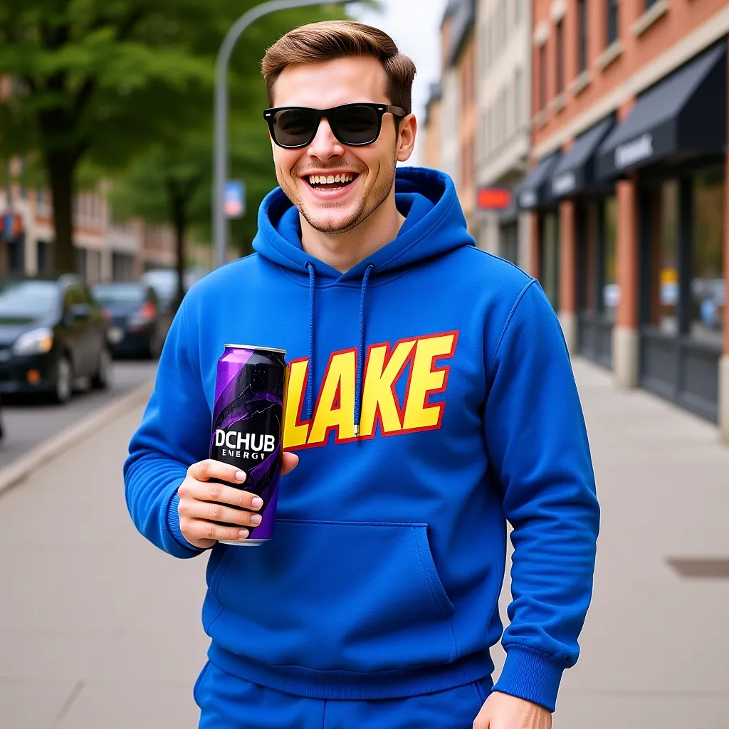 Young White male wearing sunglasses holding an energy drink