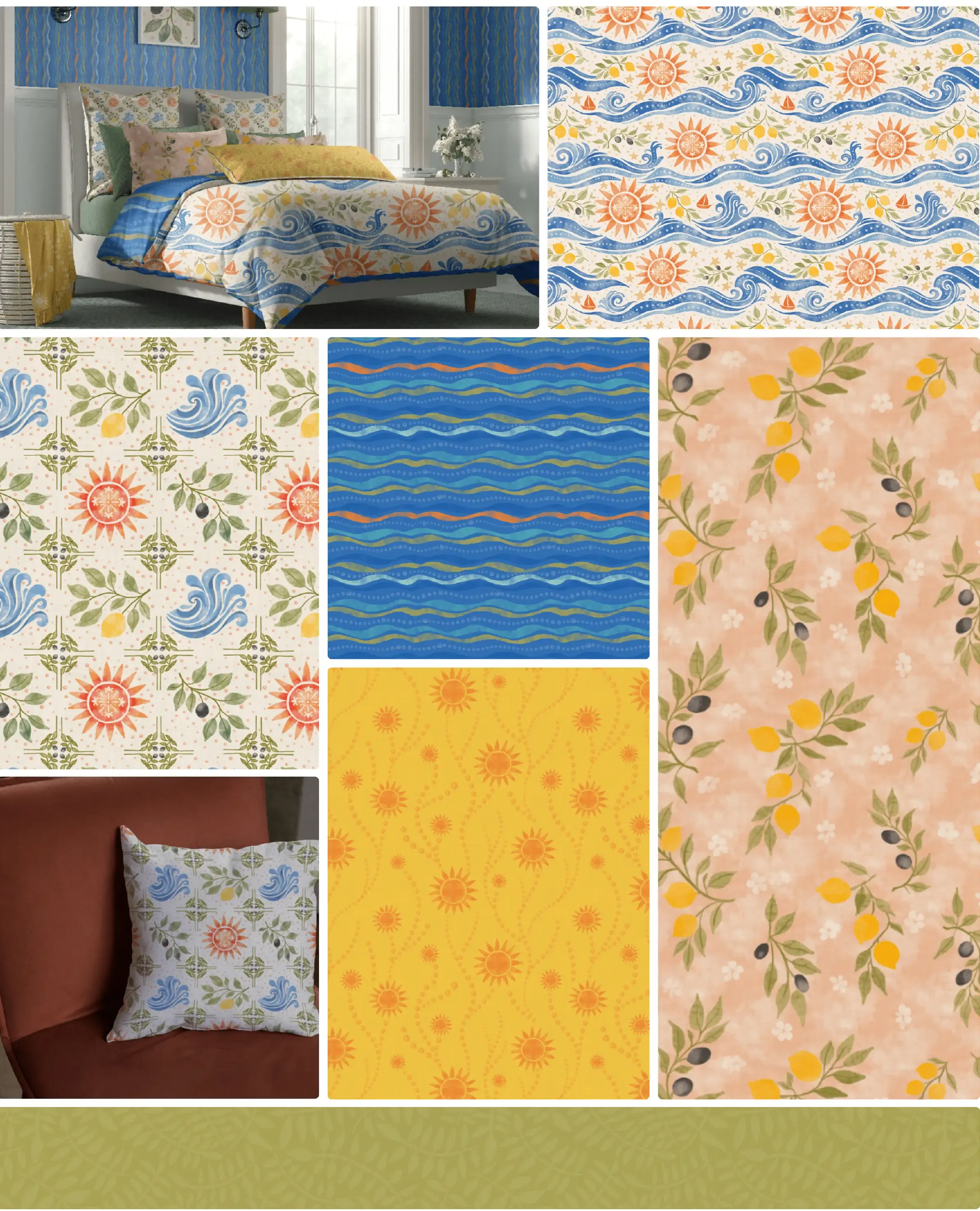 Watercolor Mediterranean coastal pattern with blue waves, lemons, olive branches, sun medallions, stars, and small sailboats on a warm cream background.