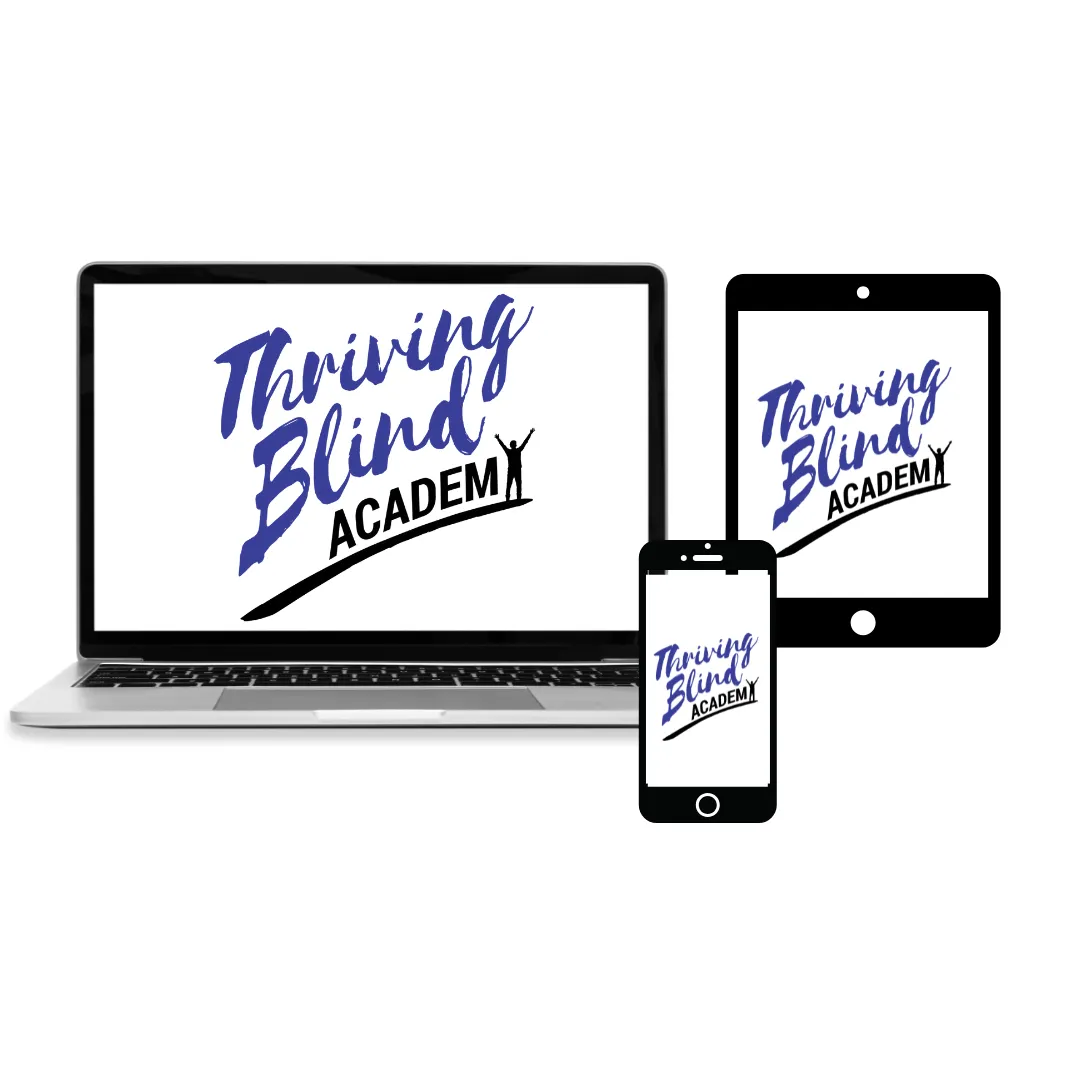 thiving blind academy logo on tablet laptop and phone