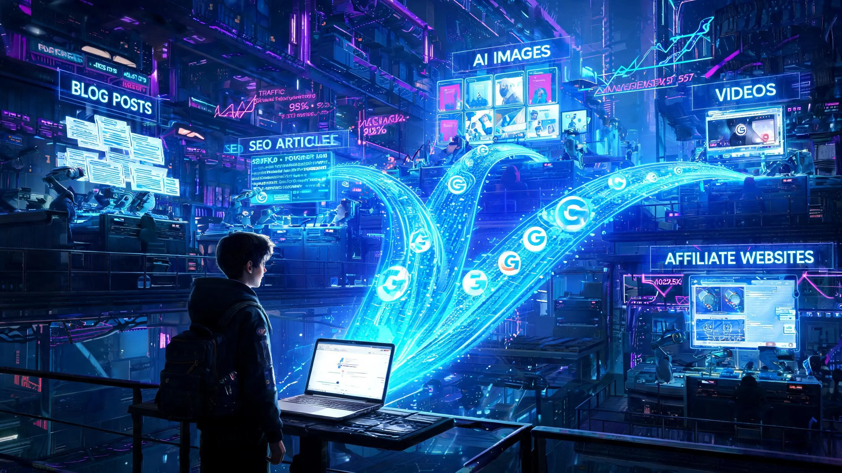 AI content factory generating SEO blog posts and affiliate traffic with automated WordPress publishing
