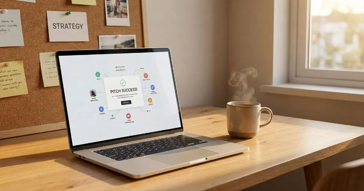 Laptop on a desk showing a successful PR pitch notification, representing effective ai for pr strategies.