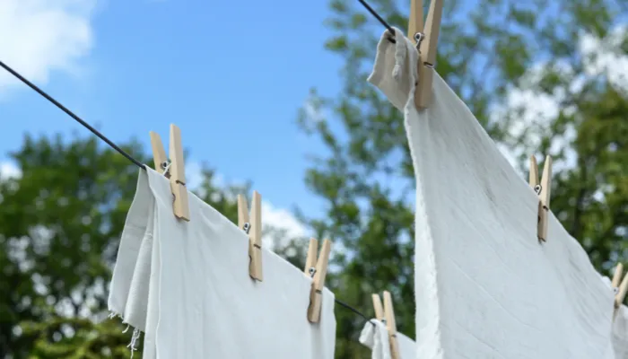 Linens hanging on a clothes line.