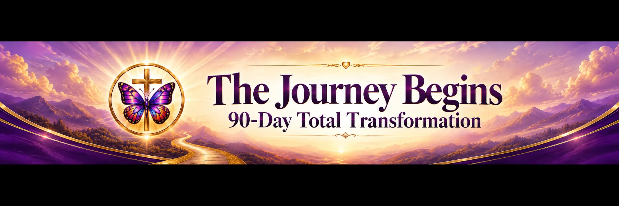 Wide purple-and-gold 90-Day Total Transformation banner featuring a luminous sunrise, mountain landscape, and winding golden road leading forward. A colorful butterfly-and-cross emblem appears on the left. Large text reads ‘The Journey Begins,’ with ‘90-Day Total Transformation’ below.
